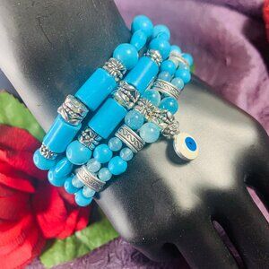 One-of-a-Kind Evil Eye, Blue Wagnerite, Magnesite, Agate & Pewter Bracelet Set